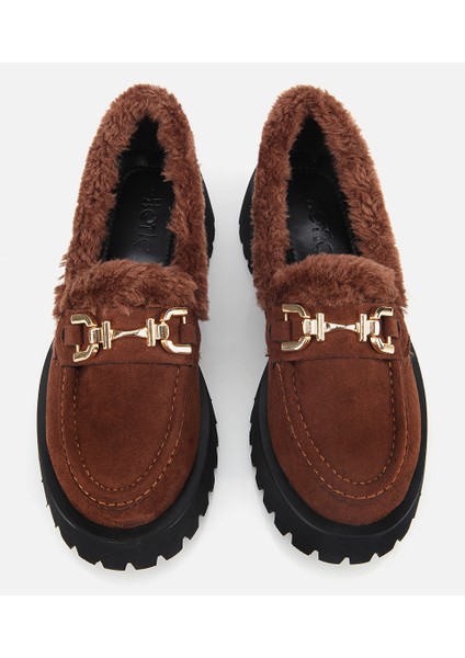01AYH314740A480 KADIN Süet Kahverengi Kürklü Tokalı Kalın Tabanlı Günlük Loafer