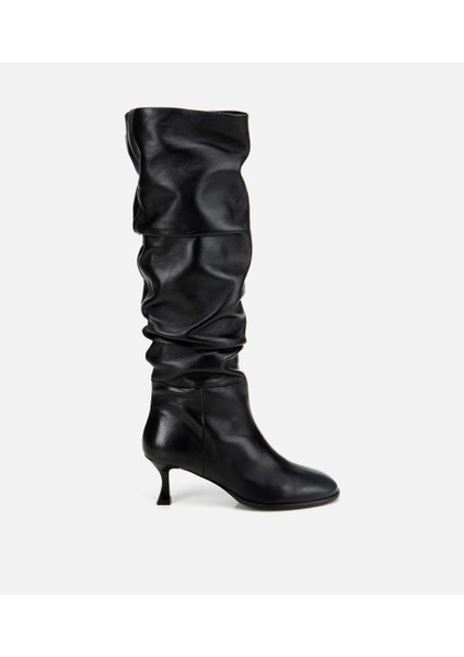 01CIH316620A100 KADIN Deri Siyah Kırışık Ince Topuklu Çizme
