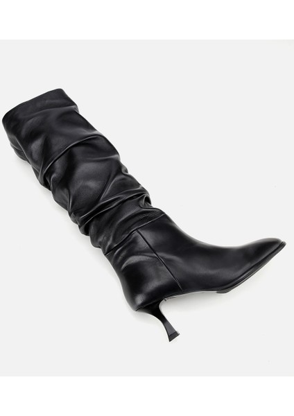 01CIH316620A100 KADIN Deri Siyah Kırışık Ince Topuklu Çizme
