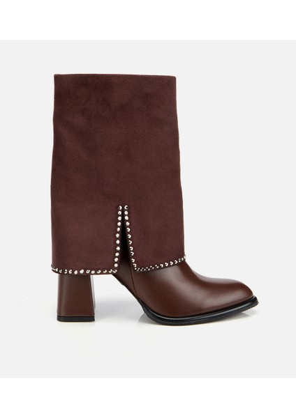 01BOH314970A480 KADIN Kahverengi Pantolon Görünümlü Zımbalı Kalın Topuklu Bot