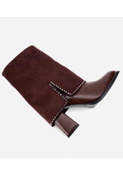 01BOH314970A480 KADIN Kahverengi Pantolon Görünümlü Zımbalı Kalın Topuklu Bot