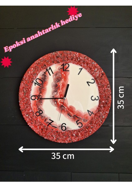 Duvar Saati - 35CM - Modern Dekoratif Duvar Saati - Epoksi Duvar Saati - El Yapımı Duvar Saati - Kırmızı Beyaz Özel Tasarım