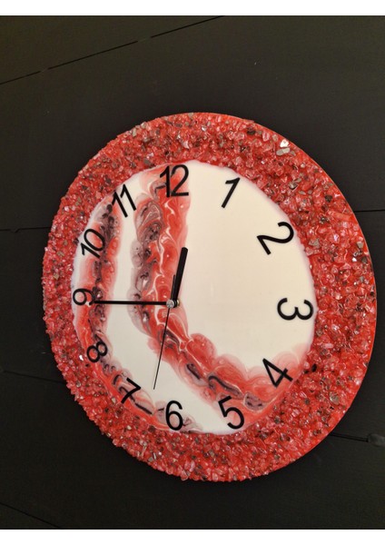 Duvar Saati - 35CM - Modern Dekoratif Duvar Saati - Epoksi Duvar Saati - El Yapımı Duvar Saati - Kırmızı Beyaz Özel Tasarım modelleri