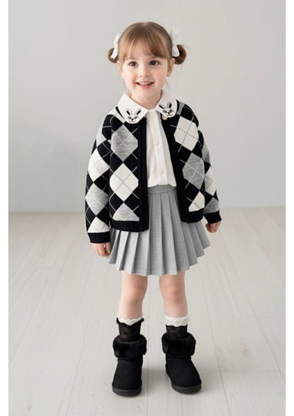 Minigimin Cicileri Tavşan Yaka Detaylı Triko Kız Çocuk 3 lü takım - Siyah