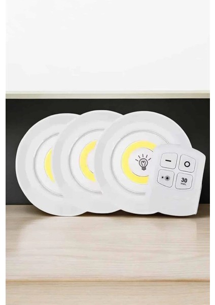 Spot Lamba LED Işık 3'lü Uzaktan Kumandalı Pilli Yapışkanlı Kablosuz