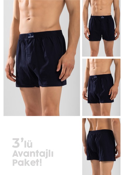 Erkek Pamuklu Düz Boxer 3'lü Set 1119 Lacivert