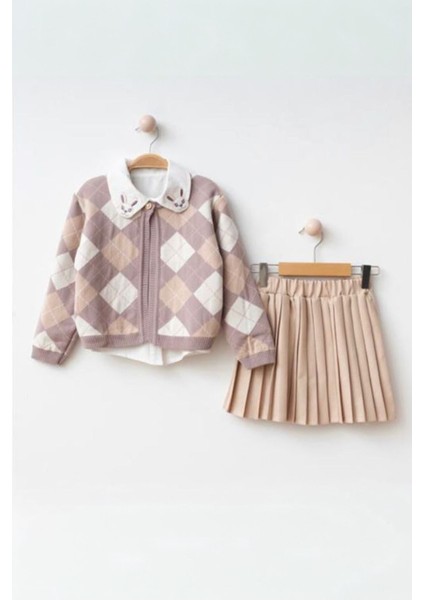 Minigimin Cicileri Tavşan Yaka Detaylı Triko Kız Çocuk 3 lü takım - Mor