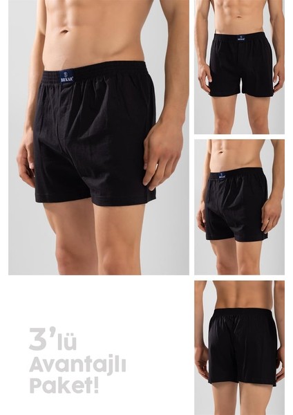 Erkek Pamuklu Düz Boxer 3'lü Set 1119 Siyah
