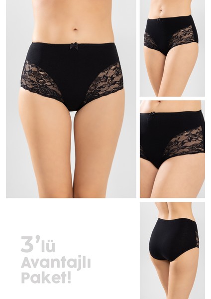 Kadın Yüksek Bel Yanları Güpürlü Külot 3'lü Set 8924 Siyah