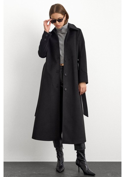 Gömlek Yaka Belden Bağlamalı Uzun Kaban Siyah 3152