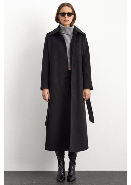 Gömlek Yaka Belden Bağlamalı Uzun Kaban Siyah 3152 modelleri