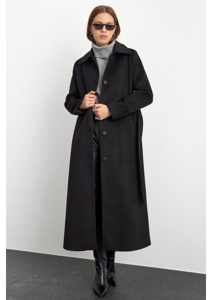 Gömlek Yaka Belden Bağlamalı Uzun Kaban Siyah 3152 fırsatları