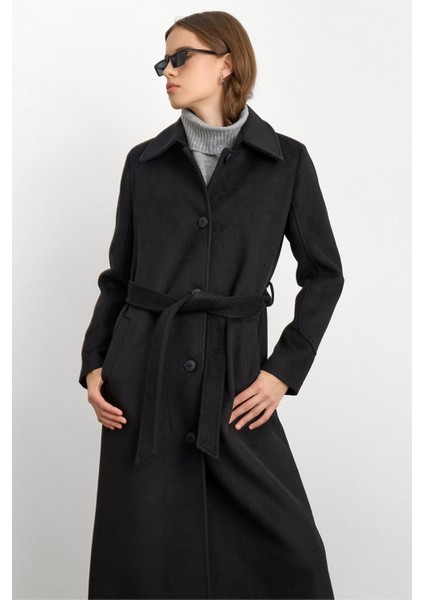 Gömlek Yaka Belden Bağlamalı Uzun Kaban Siyah 3152 indirimleri