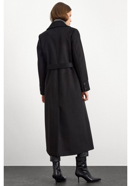 Gömlek Yaka Belden Bağlamalı Uzun Kaban Siyah 3152