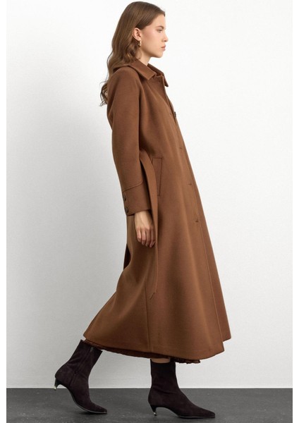 Gömlek Yaka Belden Bağlamalı Uzun Kaban Tütün 3152 fiyatları