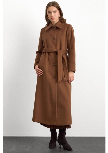 Gömlek Yaka Belden Bağlamalı Uzun Kaban Tütün 3152 fırsatları