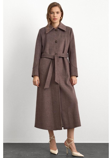 Gömlek Yaka Belden Bağlamalı Uzun Kaban Latte 3152