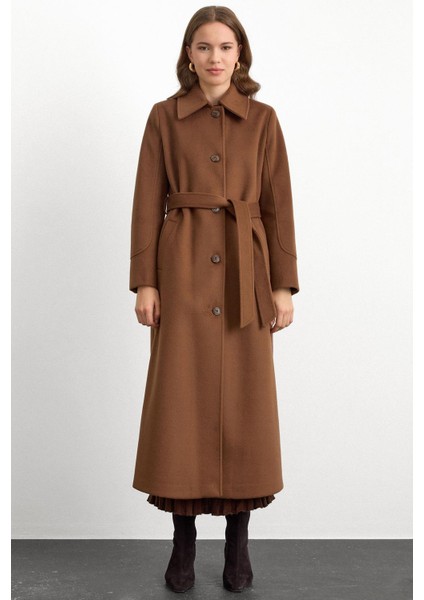 Gömlek Yaka Belden Bağlamalı Uzun Kaban Tütün 3152