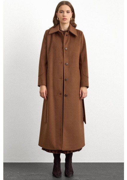 Gömlek Yaka Belden Bağlamalı Uzun Kaban Tütün 3152 modelleri