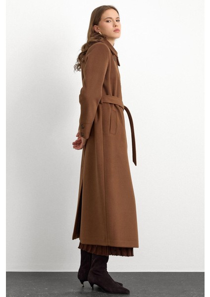 Gömlek Yaka Belden Bağlamalı Uzun Kaban Tütün 3152