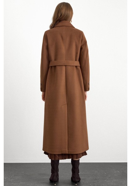 Gömlek Yaka Belden Bağlamalı Uzun Kaban Tütün 3152