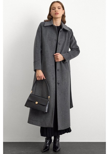 Gömlek Yaka Belden Bağlamalı Uzun Kaban Koyu Gri 3152