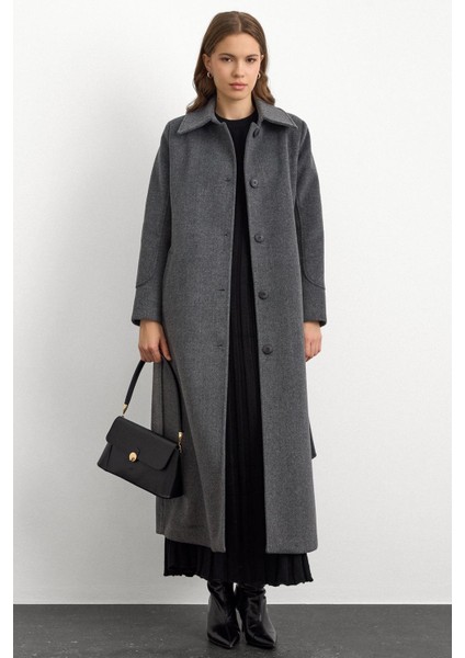 Gömlek Yaka Belden Bağlamalı Uzun Kaban Koyu Gri 3152 indirimleri