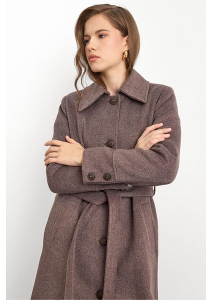 Gömlek Yaka Belden Bağlamalı Uzun Kaban Latte 3152 modelleri