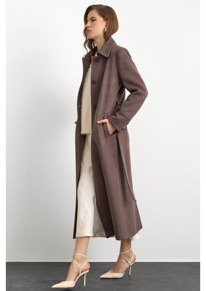 Gömlek Yaka Belden Bağlamalı Uzun Kaban Latte 3152