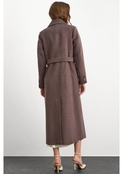 Gömlek Yaka Belden Bağlamalı Uzun Kaban Latte 3152