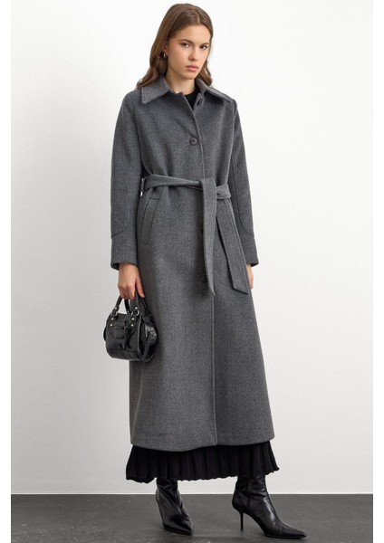 Gömlek Yaka Belden Bağlamalı Uzun Kaban Koyu Gri 3152 fiyatları
