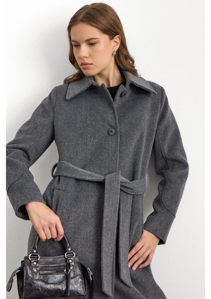 Gömlek Yaka Belden Bağlamalı Uzun Kaban Koyu Gri 3152 modelleri