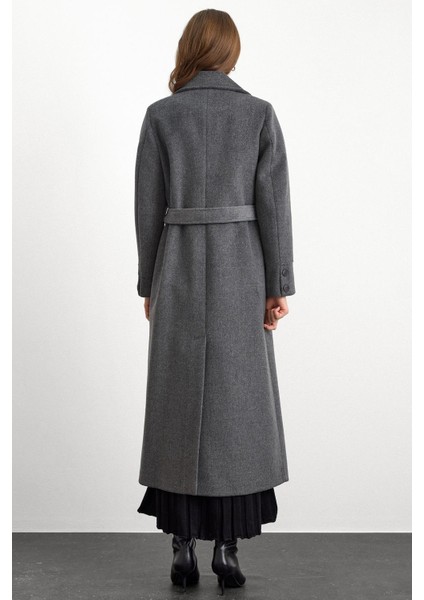 Gömlek Yaka Belden Bağlamalı Uzun Kaban Koyu Gri 3152