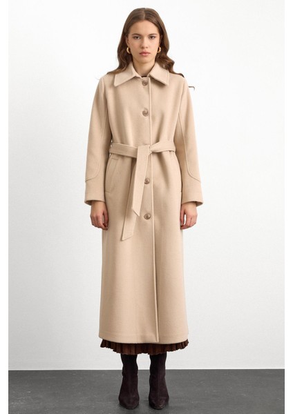 Gömlek Yaka Belden Bağlamalı Uzun Kaban Bej 3152