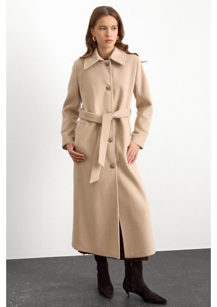 Gömlek Yaka Belden Bağlamalı Uzun Kaban Bej 3152 modelleri