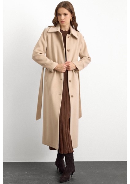 Gömlek Yaka Belden Bağlamalı Uzun Kaban Bej 3152 fırsatları