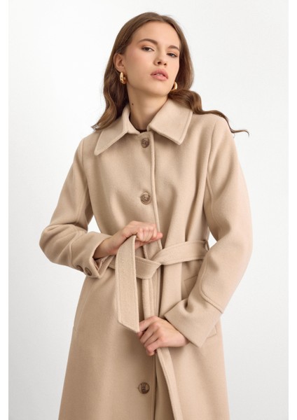 Gömlek Yaka Belden Bağlamalı Uzun Kaban Bej 3152 indirimleri