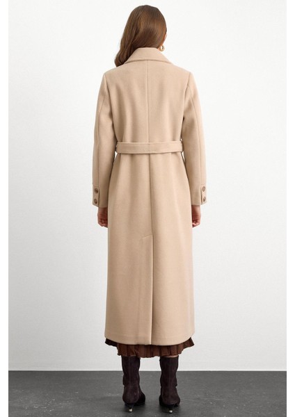 Gömlek Yaka Belden Bağlamalı Uzun Kaban Bej 3152
