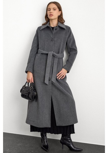 Gömlek Yaka Belden Bağlamalı Uzun Kaban Koyu Gri 3152 fırsatları