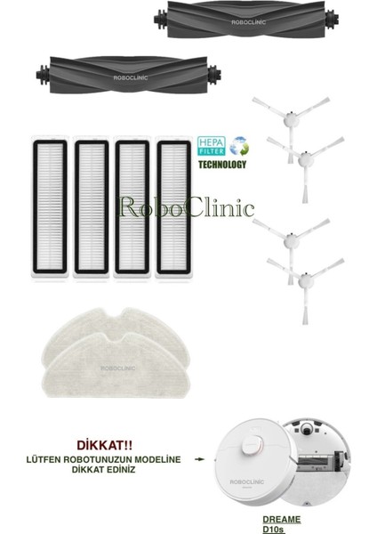 Dreame Bot D10S Robot Süpürge Uyumlu Yedek Ana Fırça, Yan Fırça, Hepa Filtre, Mop - 12 Parça