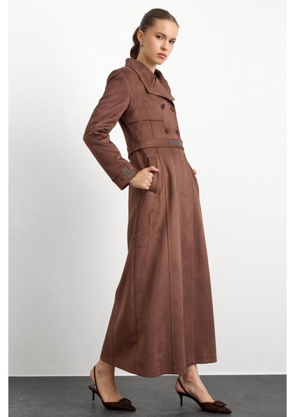 Mendil Yaka Taş Detaylı Süet Görünümlü Pardesü Kahve 6794