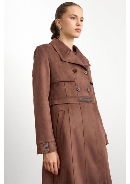 Mendil Yaka Taş Detaylı Süet Görünümlü Pardesü Kahve 6794 modelleri