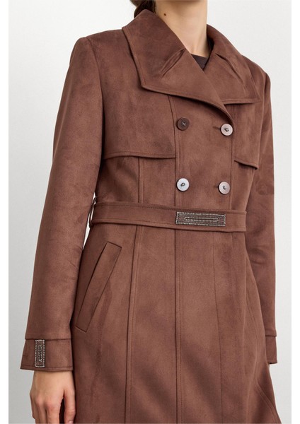 Mendil Yaka Taş Detaylı Süet Görünümlü Pardesü Kahve 6794 indirimleri