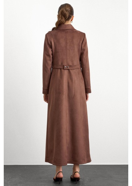 Mendil Yaka Taş Detaylı Süet Görünümlü Pardesü Kahve 6794