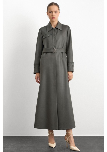 Gömlek Yaka Çıt Çıt ve Deri Detaylı Gabardin Süet Pardesü Yeşil 6799