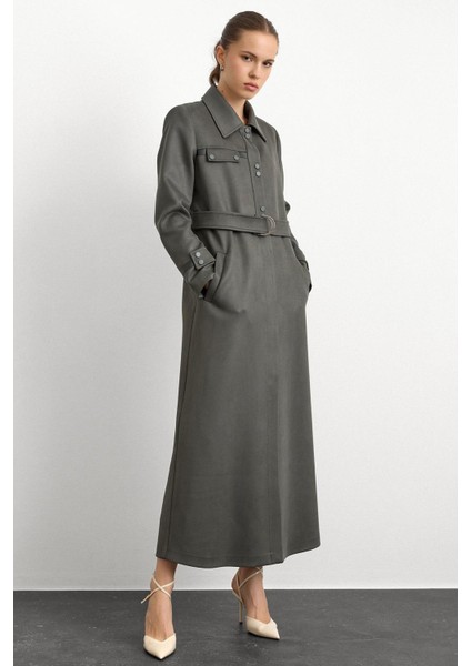 Gömlek Yaka Çıt Çıt ve Deri Detaylı Gabardin Süet Pardesü Yeşil 6799 fiyatları