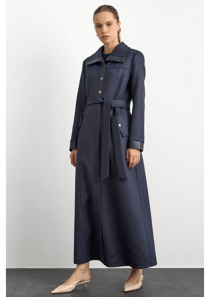 Deri ve Çıt Çıt Aksesuarlı Gabardin Süet Pardesü Lacivert 6793