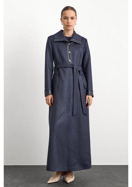 Deri ve Çıt Çıt Aksesuarlı Gabardin Süet Pardesü Lacivert 6793 fiyatları