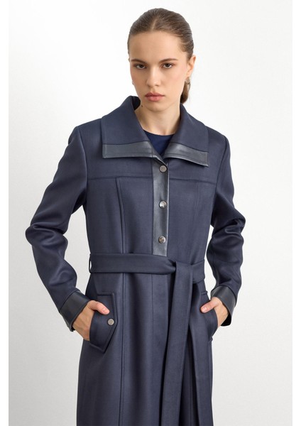 Deri ve Çıt Çıt Aksesuarlı Gabardin Süet Pardesü Lacivert 6793 modelleri