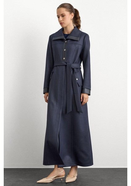 Deri ve Çıt Çıt Aksesuarlı Gabardin Süet Pardesü Lacivert 6793 fırsatları